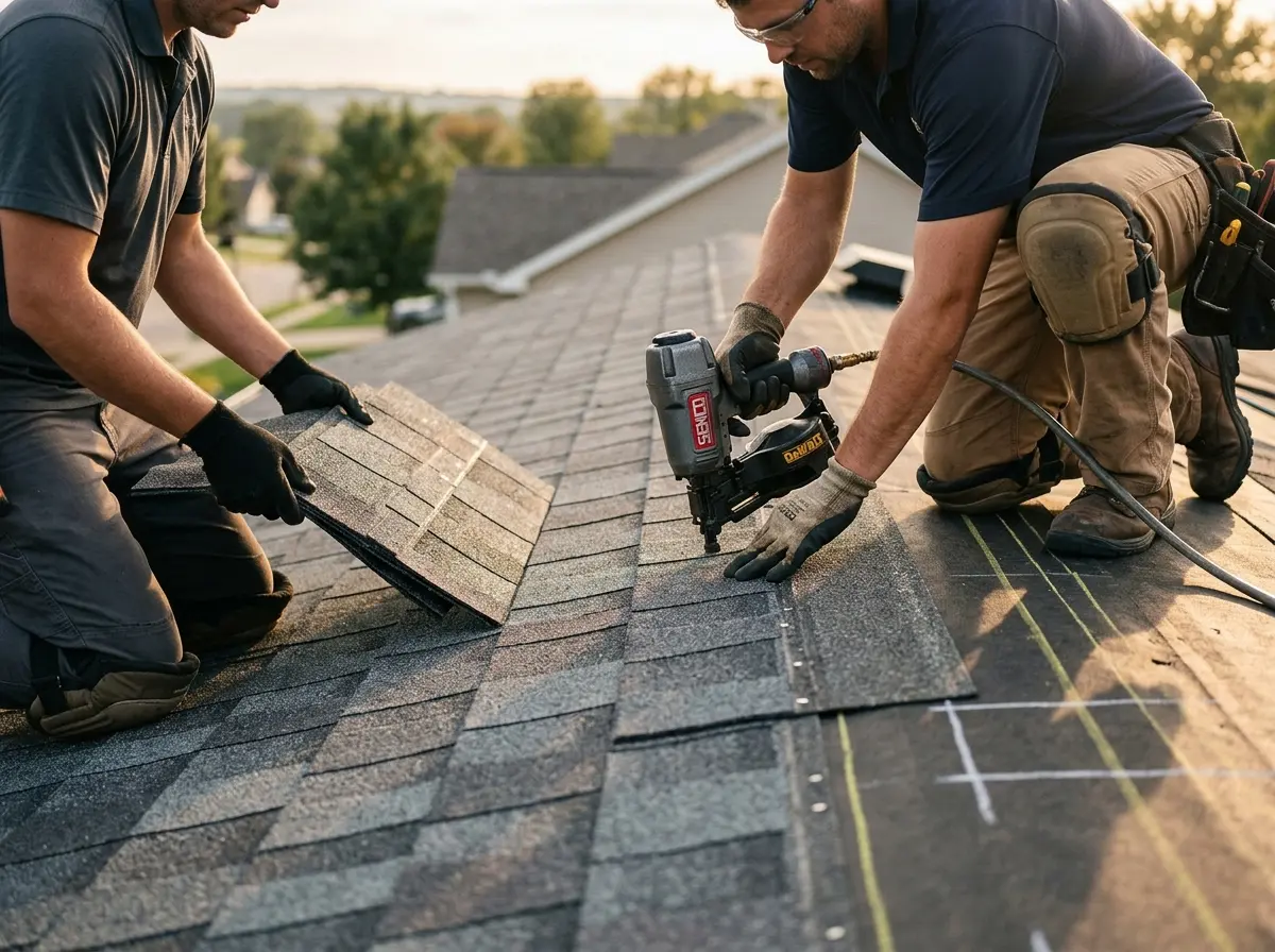 Professional roofer working on a residential roof in Redwood Falls